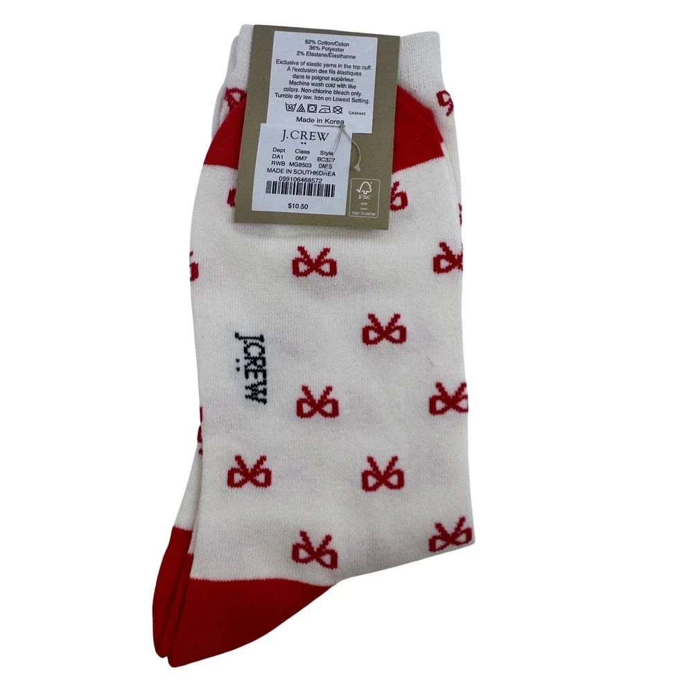 J.Crew‎ Women's Trouser Socks White Red Bow Print Cotton Blend NWT Preppy